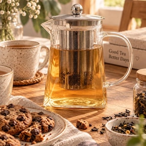 Tekanna i glastorn med tebryggare i rostfritt stål | 780 ml eller 350 ml borosilikattebryggare för lösbladigt och blommande te | Mindful Tea Ritual