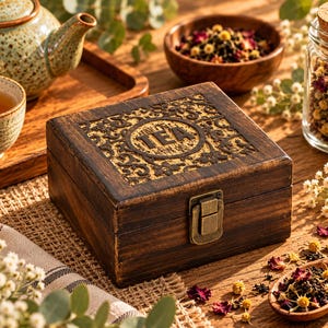 Pode incluir: Uma caixa quadrada de madeira castanho-escura com tampa articulada, apresentando um padrão floral intrincado cortado a laser e a palavra TEA centrada num círculo. A caixa inclui um fecho metálico na frente e acabamento em madeira tingida.