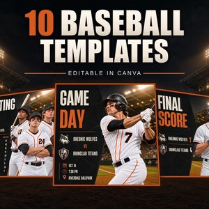 Puede incluir: Un gráfico digital con 10 plantillas de béisbol editables en Canva. La imagen muestra tres paneles con jugadores de béisbol en uniformes blancos, texto en naranja y negro que incluye Starting Nine, Game Day y Final Score.