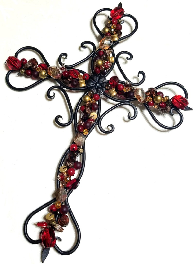 Wall Cross Decor Beaded Wrought Iron Rustic Personalized