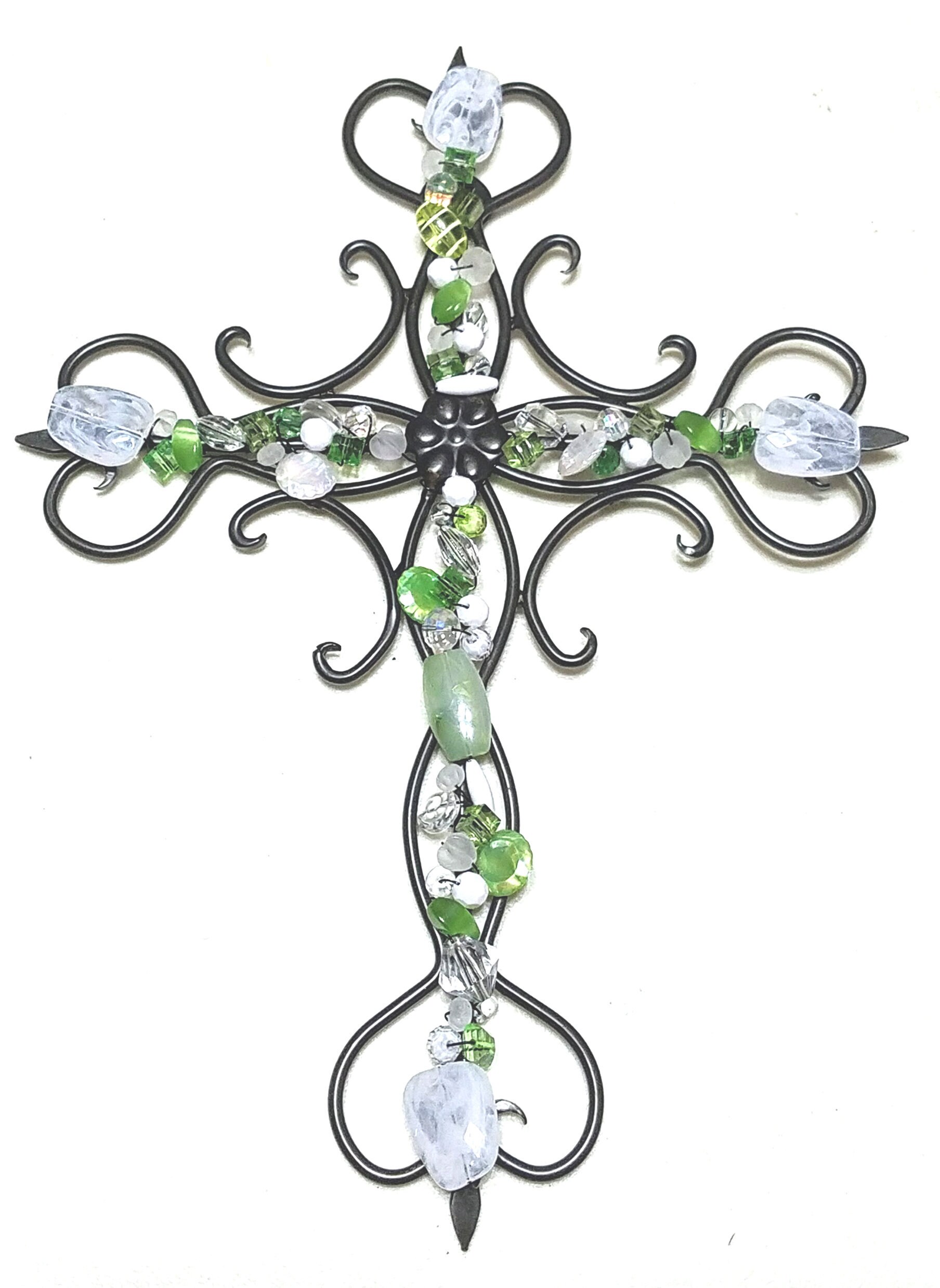 Wall Cross Decor Beaded Wrought Iron Rustic Personalized Gift