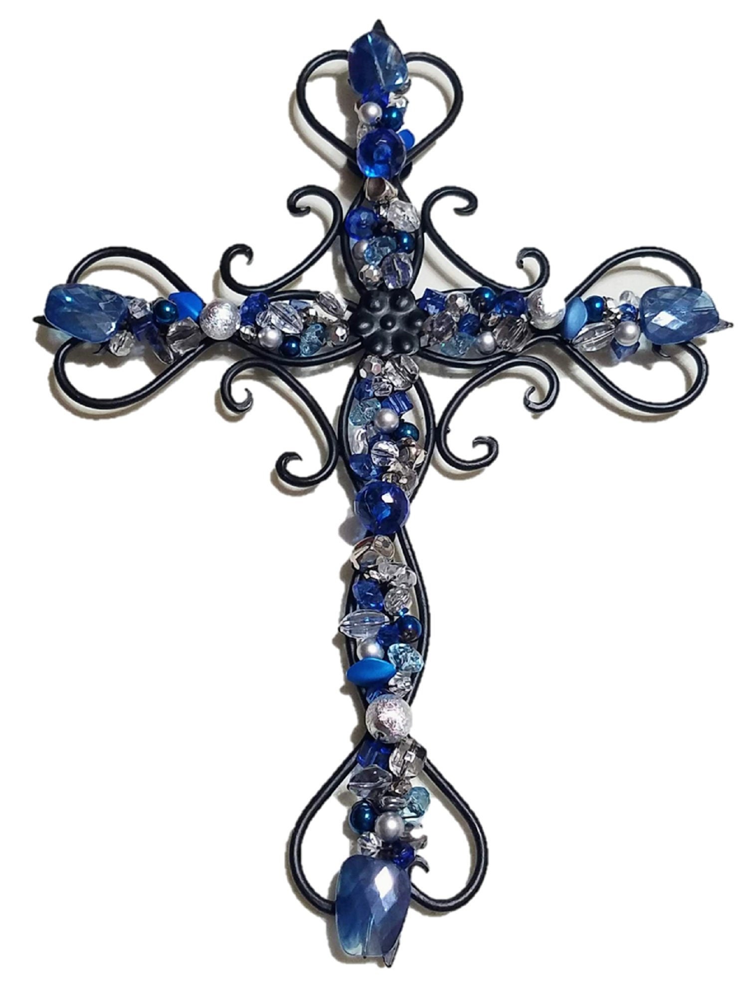 Wall Cross Decor Beaded Wrought Iron Rustic Blue Silver
