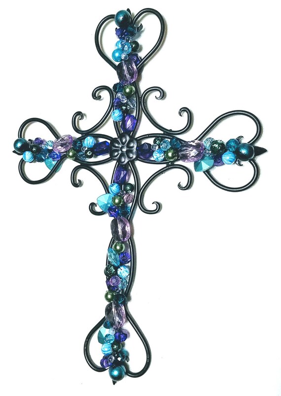 Wall Cross Decor Wall Cross Beaded Cross Wrought Iron Etsy