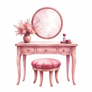 May include: A pink vanity table with three drawers and curved legs, accompanied by a matching tufted round stool. Above the table hangs a circular mirror. On the surface sits a vase filled with pink flowers and a small bottle with a cup.