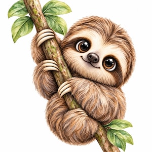 Op de afbeelding: Een aquarelillustratie van een pluizige bruine luiaard met grote donkere ogen en een kleine glimlach, vastklampend aan een getextureerde boomtak met groene bladeren. De luiaard heeft lichtgekleurde klauwen en zachte vacht tegen een witte achtergrond.