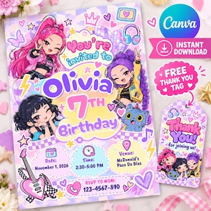 May include: A birthday invitation card featuring three anime-style characters with pink, purple, and black hair, a blue cat, and a heart-shaped guitar. The text reads Olivia 7th Birthday, November 1, 2026, 2:30-5:00 PM, and McDonald's Paso De Blas.