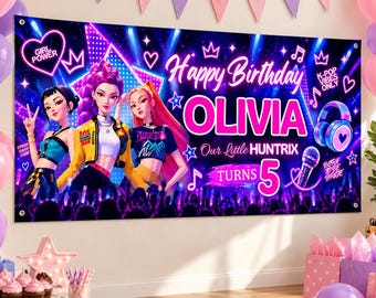 KPOP Demon Hunters verjaardagsbanner, kinderfeestje, direct te downloaden, bewerkbare Canva-sjabloon, baby meisje HUNTRIX, maten verkrijgbaar bij Walgreens