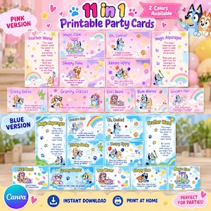 May include: A collection of 11 printable party cards featuring Bluey characters in pink and blue versions. Each card includes game instructions and illustrations of Bluey and Bingo with themes like Magic Asparagus, Feather Wand, and Unicorn Hair.