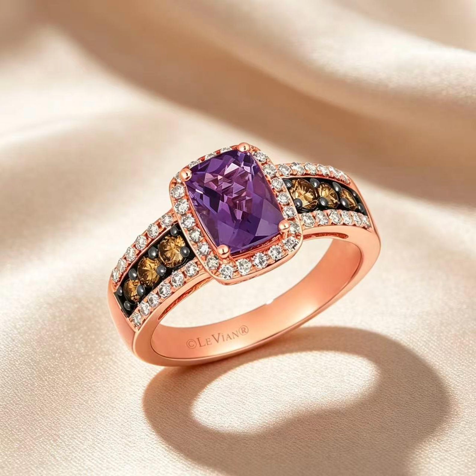 Wide Looking Rings Rectangular Purple Amethyst Style Gemstone Rose Gold Ring, Brown ...