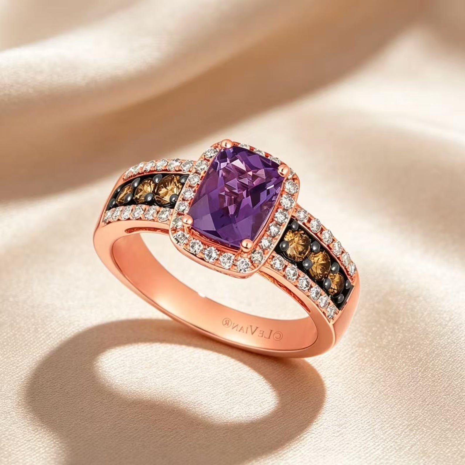 Wide Looking Rings Rectangular Purple Amethyst Style Gemstone Rose Gold Ring, Brown ...