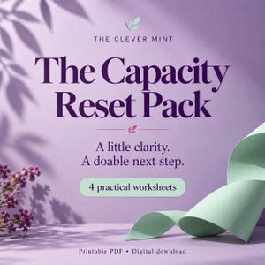 Könnte beinhalten: Eine digitale Grafik auf lavendelfarbenem Hintergrund mit dem Text The Clever Mint, The Capacity Reset Pack, A little clarity. A doable next step. und 4 practical worksheets. Ein hellgrünes Papierband und violette Blumen sind zu sehen.