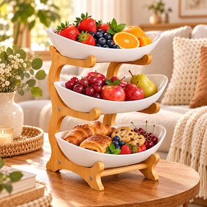 May include: A three-tier bamboo serving stand featuring three white oval ceramic bowls. The top bowl holds strawberries, blueberries, and orange slices. The middle bowl contains red apples and a pear. The bottom bowl holds croissants, cookies, and cherries.