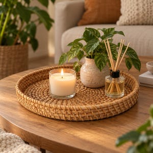 Può includere: Un vassoio rotondo in rattan intrecciato contenente una candela bianca accesa in un barattolo di vetro, un piccolo vaso in ceramica maculata con una pianta verde e un diffusore a bastoncini in vetro con liquido ambrato.