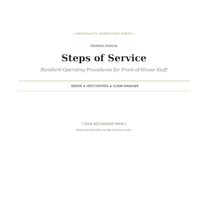 May include: A white training manual cover titled Steps of Service, Standard Operating Procedures for Front-of-House Staff. It includes the text Hospitality Operations Series, Server, Host/Hostess, Floor Manager, and a placeholder for a restaurant name.