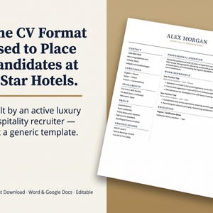 Può includere: Un modello di curriculum professionale con il nome Alex Morgan, Hospitality Professional, che include sezioni per contatti, lingue, disponibilità, competenze, certificazioni, esperienza lavorativa e istruzione in testo nero.