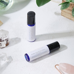 May include: Two blue glass roller bottles with black caps. The bottle on the left says "Butter Me Up Organics" and the bottle on the right says "Under-Eye Eliminator" with the text "with Caffeine" and "25 ounce".