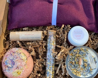 Eco Friendly Spa Gift Set, Organic Linen Eye Pillow, Crystal Bath Bomb