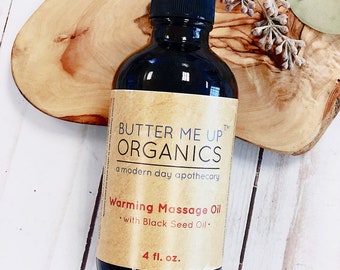 Organic Warming Massage Oil / Therapeutic / Glass Bottle / Muscle Ache Reliever / Sore Muscles / Holiday Gift / Christmas Gift