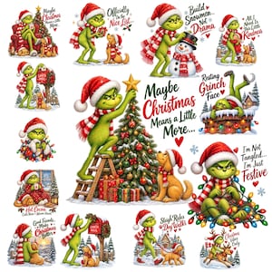Puede incluir: Una colección de ilustraciones digitales que muestran a un personaje verde con gorro de Papá Noel y bufanda a rayas rojas y blancas, interactuando con un perro, un árbol de Navidad, un muñeco de nieve y un buzón, junto a frases navideñas.