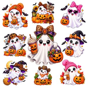 Pode incluir: Uma coleção de nove ilustrações de fantasmas em estilo cartoon com vários temas de Halloween. Os fantasmas são retratados com abóboras, lanternas, folhas de outono, girassóis, chapéus de bruxa, gorros, laços e bebidas em um estilo vibrante.