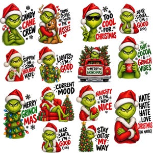 Peut inclure: Une collection d'illustrations sur le thème du Grinch montrant le personnage vert dans diverses poses avec des bonnets de Noël et du texte festif comme Candy Cane Crew, Too Cool For Christmas, Merry Grinchmas et Naughty Is The New Nice.