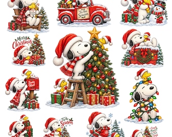 Peut inclure: Une collection d'illustrations de Noël avec Snoopy et Woodstock dans diverses scènes festives, incluant la décoration d'un sapin, un trajet en camion rouge, des câlins, du patinage et des interactions avec des cadeaux, la neige et des guirlandes.
