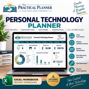 May include: A digital Personal Technology Planner displayed on a laptop screen, featuring an Excel workbook dashboard with charts for devices, subscriptions, and costs. The interface includes text labels for tracking devices, software, and warranties.