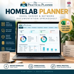 Könnte beinhalten: Die The Practical Planner Homelab Planner Excel-Tabelle zur Server- und Netzwerkdokumentation auf einem Laptop-Bildschirm. Funktionen umfassen das Verfolgen von Servern, Netzwerk-Mapping, Verwaltung virtueller Maschinen und die Planung von Backups.
