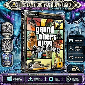 May include: A digital game case for Grand Theft Auto: San Andreas PC Complete Edition. The cover features a collage of game characters and scenes, the Rockstar Games logo, and an M rating. Text includes Instant Digital Download and EA branding.