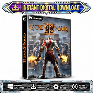May include: A PC CD-ROM game case for God of War II featuring a back view of a pale warrior with a red tattoo, wearing a brown loincloth and arm chains, standing before stone pillars. The title God of War II is printed in orange text.