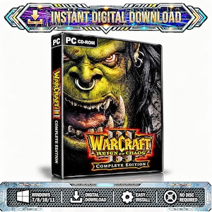Może przedstawiać: Pudełko z grą PC CD-ROM Warcraft III Reign of Chaos Complete Edition z zieloną twarzą orka, kolczykiem w nosie i ostrymi zębami. Górny baner zawiera napis Instant Digital Download, a dolny baner wymienia kompatybilność z systemem Windows 7/8/10/11.