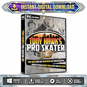 Può includere: Una custodia per gioco PC CD-ROM di Tony Hawk's Pro Skater HD con una grafica di uno skater su uno sfondo con texture in cemento. La copertina mostra il titolo, lo skyline di una città e un elenco di skater professionisti tra cui Tony Hawk.