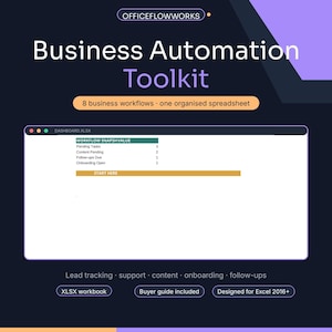 Könnte beinhalten: Ein digitales Business Automation Toolkit Tabellen-Dashboard mit dem Text OFFICEFLOWWORKS, Business Automation Toolkit, 8 business workflows, one organised spreadsheet und einer Tabelle mit Workflow-Schnappschusswerten für Aufgaben.