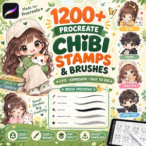 May include: A digital product set featuring 1200+ Procreate chibi stamps and brushes. The graphic displays anime-style characters, brush stroke previews, and text including 1200+ Procreate Chibi Stamps & Brushes, Small Strokes Big Creativity, and Made for Procreate.
