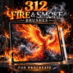 Könnte beinhalten: Ein digitales Tablet zeigt einen leuchtenden Phönix aus Feuer und Rauch, begleitet von einem weißen Eingabestift. Der Text lautet 312 FIRE & SMOKE BRUSHES FOR PROCREATE. Der Hintergrund zeigt intensive Flammen und dunkle Felsstrukturen.