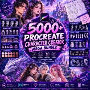 Könnte beinhalten: Ein digitales Kunst-Ressourcenpaket mit dem Titel 5000+ Procreate Character Creator Mega Bundle. Es enthält Fantasy-Charakterillustrationen, einen Schloss-Hintergrund und Tafeln mit Gesichtsformen, Frisuren, Augen, Posen und Kleidung für das Charakterdesign.