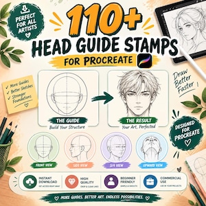 May include: A digital collection of 110+ head guide stamps for Procreate, featuring various facial structure templates including front, side, 3/4, and upward views. The graphic displays instructional diagrams for drawing heads, showing a guide and a finished result.