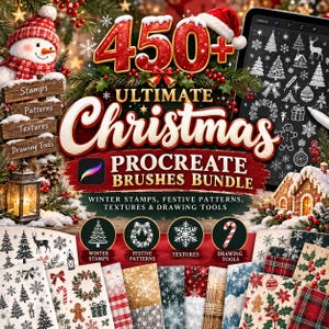 450+ Christmas Procreate Brushes Bundle | Winter Stamps, Patterns, Textures (Commercial Use)