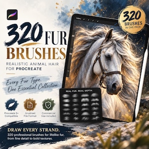 Op de afbeelding: Een digitaal productpakket met 320 vachtpenselen voor Procreate. De weergave toont een tabletscherm met een illustratie van een wit paard, een voorbeeldkaart met penseelstreken en tekst, waaronder 320 FUR BRUSHES, REALISTIC ANIMAL HAIR FOR PROCREATE.