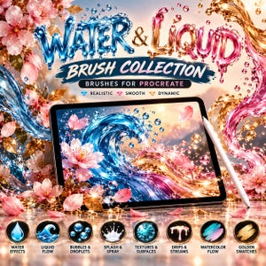Procreate Wasserpinsel-Bundle | Blasenstempel & Lichteffekte | Flüssige Wassertexturen für digitale Kunst auf dem iPad | Kommerzielle Nutzung