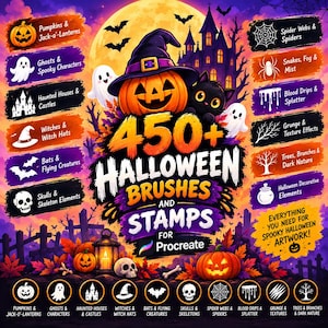 May include: A digital collection of 450+ Halloween brushes and stamps for Procreate featuring a central pumpkin wearing a witch hat, a black cat, and a haunted castle. The design includes text labels for various spooky elements like ghosts, bats, and spider webs.