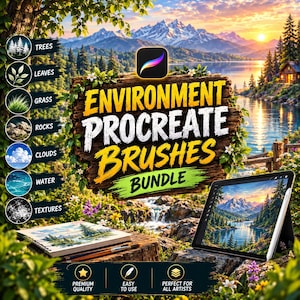 Puede incluir: Un conjunto de pinceles digitales para Procreate con un letrero de madera con el texto ENVIRONMENT PROCREATE BRUSHES BUNDLE, una tableta con un paisaje de montaña, un cuaderno de bocetos e iconos de árboles, hojas, hierba, rocas, nubes, agua y texturas.