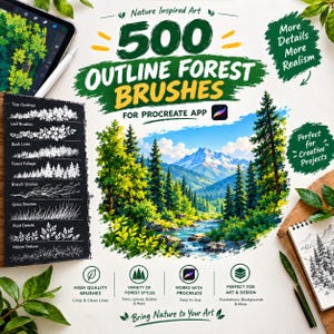 Op de afbeelding: Een digitale productadvertentie voor 500 bos-penselen voor de Procreate-app. De afbeelding bevat een landschapsillustratie van een bergbos met een rivier, een voorbeeldpaneel voor penselen en tekst, waaronder 'Nature Inspired Art' en 'Bring Nature to Your Art'.