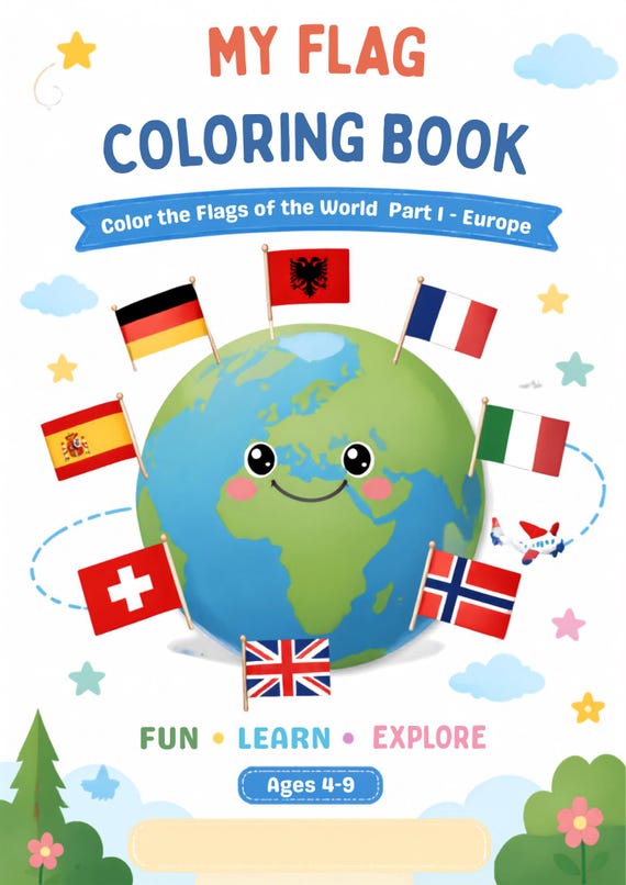 European Flags Coloring Book for Kids| Printable Educational Activity |Ages 4-9