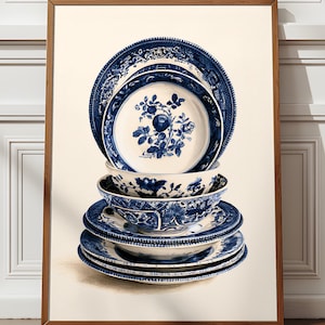 Lámina con diseño de platos apilados, arte mural de estilo chinoiserie, póster de porcelana azul y blanca, decoración para cocina y comedor, formato vertical (con o sin marco).