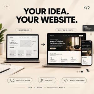 May include: A graphic showing the website development process with the text YOUR IDEA. YOUR WEBSITE. It features a laptop displaying a wireframe, a laptop showing a custom website, and a smartphone, with labels for responsive design and modern development.