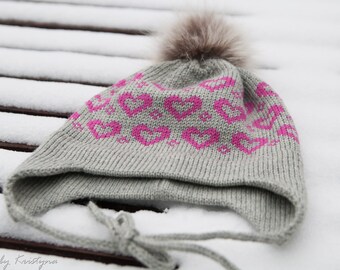 Merino wool girls earflap hat, Kids wool hat, Winter girl hat, Woolly hat, extra warm winter wool hat, fur pompom hat, gray/pink hat