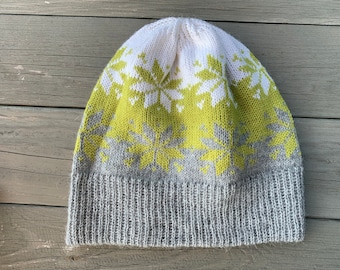 Women alpaca wool winter hat * women knit slouchy hat * womens beanie * ladies knit hat * grey fair isle hat *  winter snowflake hat