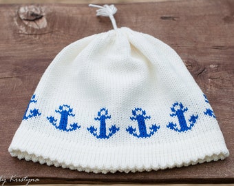 White kids summer beach hat, knitted white cotton hat, white blue kids hat, anchor pattern, knitted cotton sun hat, boy white beanie