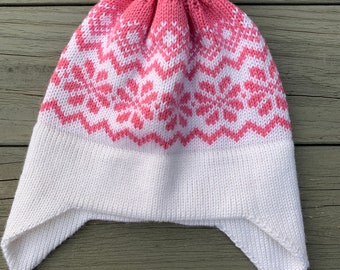 Pink baby earflap winter hat, Kids wool hat, White bamboo hat, Pompom hat, Fair isle hat, Woolly baby hat, Newborn double layer hat